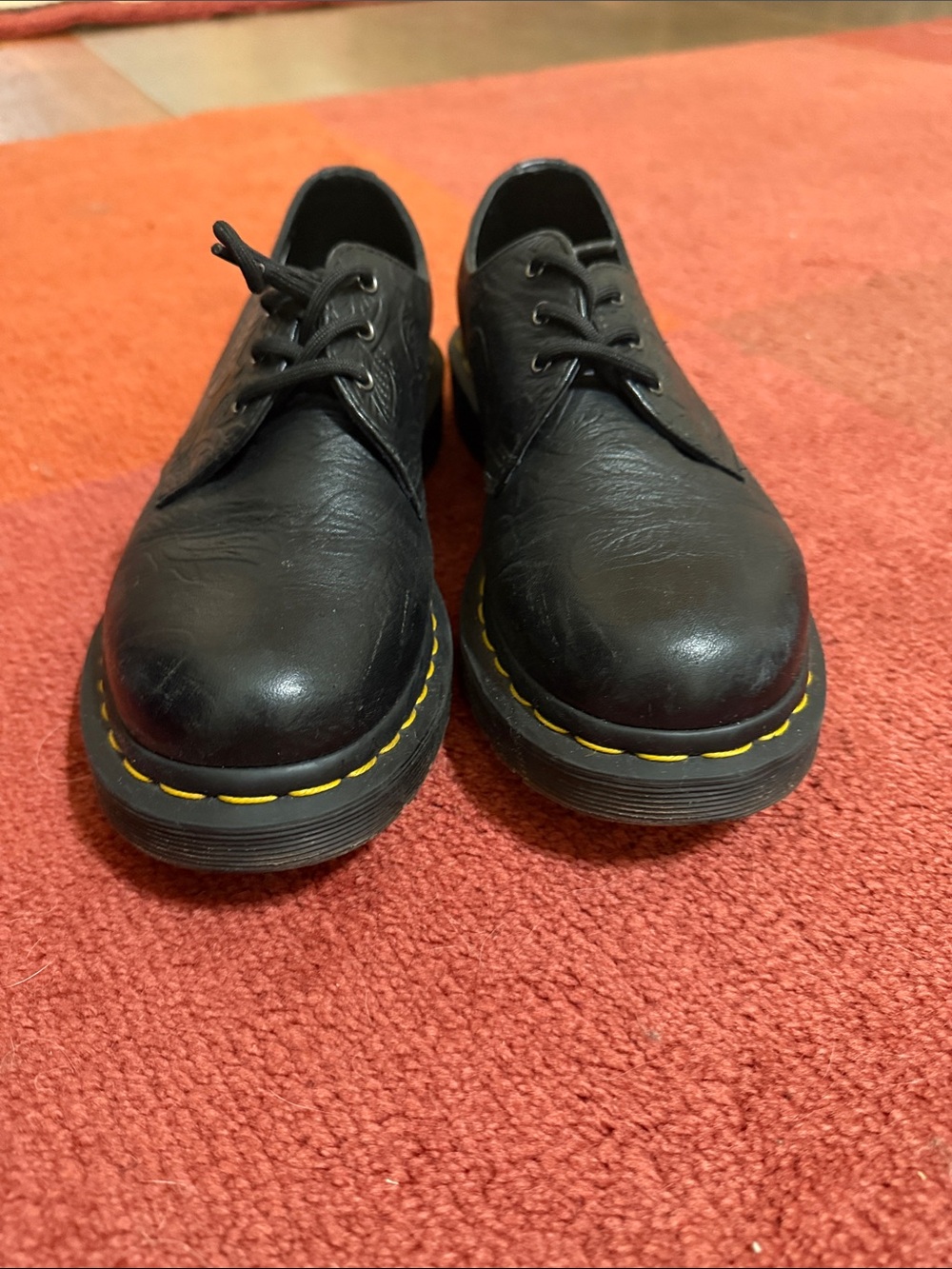Dr. Martens Black Leather Floral Embossed 3-Eye Oxfords with Yellow Stitching - Picture 2 of 5